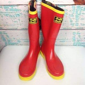 Buffy Boots Sz 7 Red Yellow Black Wellies Rain Tall Shoes Womens Rubber Galoshes